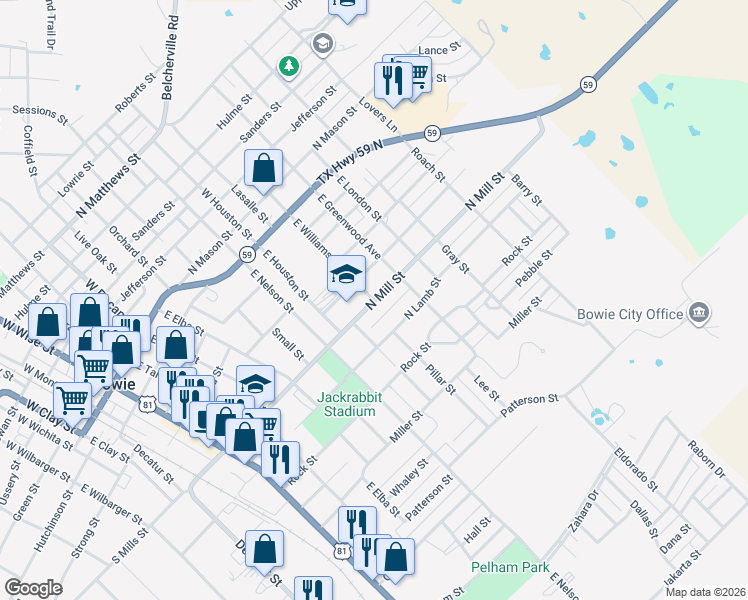 map of restaurants, bars, coffee shops, grocery stores, and more near 900 N Mill St in Bowie