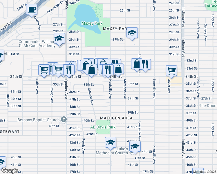 map of restaurants, bars, coffee shops, grocery stores, and more near 4102 35th Street in Lubbock