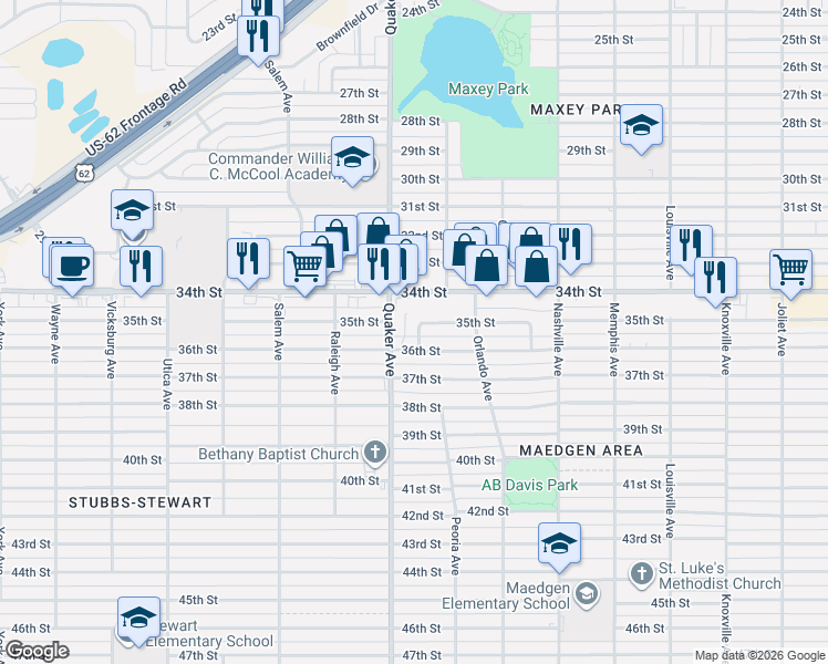 map of restaurants, bars, coffee shops, grocery stores, and more near 4243 34th Street in Lubbock