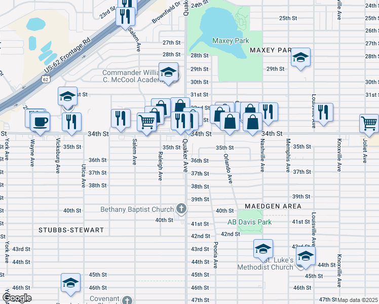 map of restaurants, bars, coffee shops, grocery stores, and more near 4406 35th Street in Lubbock