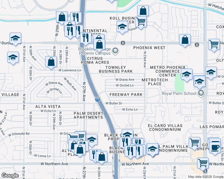 map of restaurants, bars, coffee shops, grocery stores, and more near 2508 West Orchid Lane in Phoenix