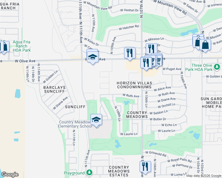 map of restaurants, bars, coffee shops, grocery stores, and more near 8737 North 109th Avenue in Peoria