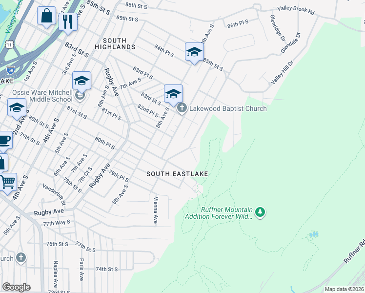 map of restaurants, bars, coffee shops, grocery stores, and more near 8201 9th Avenue South in Birmingham