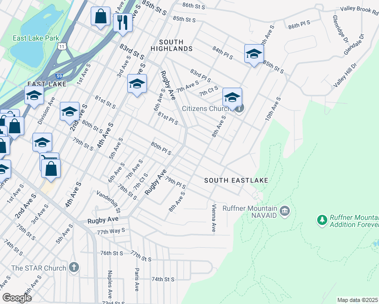 map of restaurants, bars, coffee shops, grocery stores, and more near 8038 Rugby Avenue in Birmingham