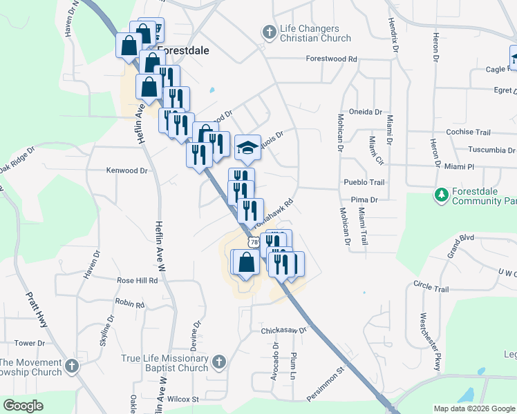 map of restaurants, bars, coffee shops, grocery stores, and more near 211 Cindy Lane in Birmingham