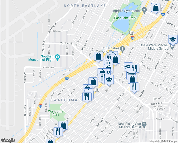 map of restaurants, bars, coffee shops, grocery stores, and more near 7521 76th Street North in Birmingham