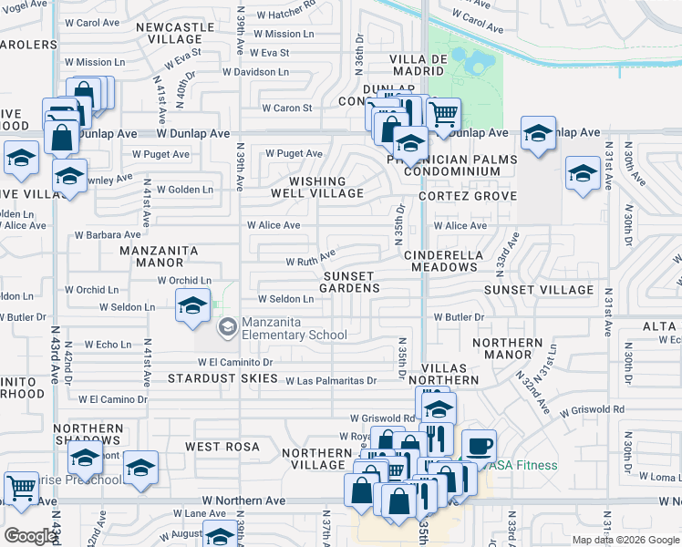 map of restaurants, bars, coffee shops, grocery stores, and more near 3650 West Diana Avenue in Phoenix
