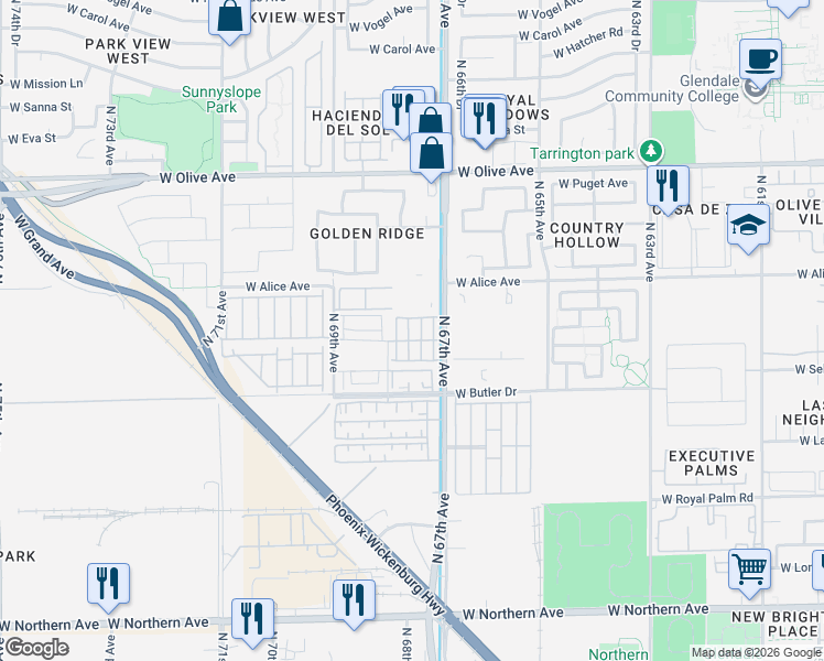 map of restaurants, bars, coffee shops, grocery stores, and more near 6754 West Ruth Avenue in Peoria