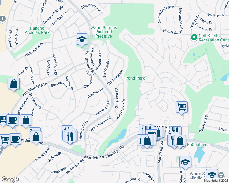 map of restaurants, bars, coffee shops, grocery stores, and more near 25983 Whispering Wind Court in Murrieta