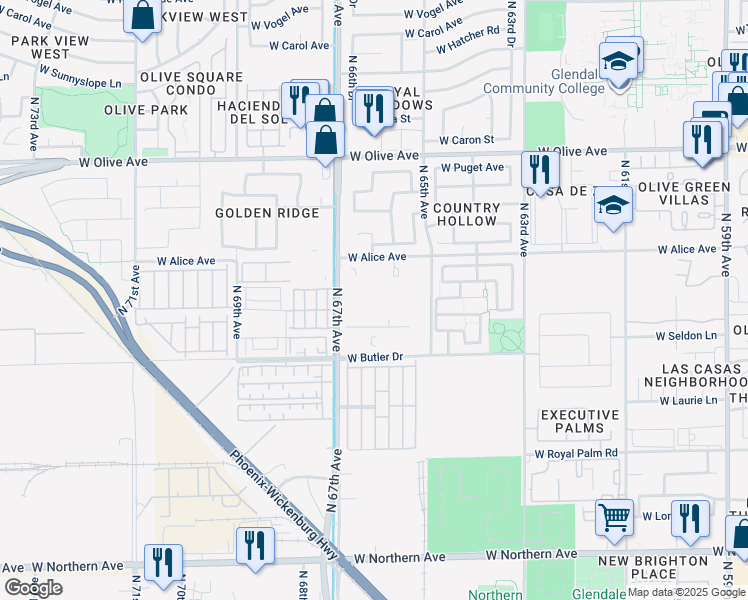 map of restaurants, bars, coffee shops, grocery stores, and more near 8611 North 67th Avenue in Glendale