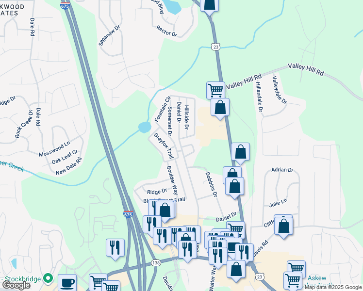 map of restaurants, bars, coffee shops, grocery stores, and more near 16 Daniel Drive in Stockbridge