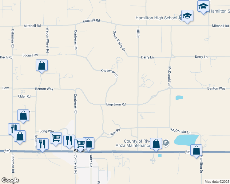map of restaurants, bars, coffee shops, grocery stores, and more near 57050 Knollwood Drive in Anza