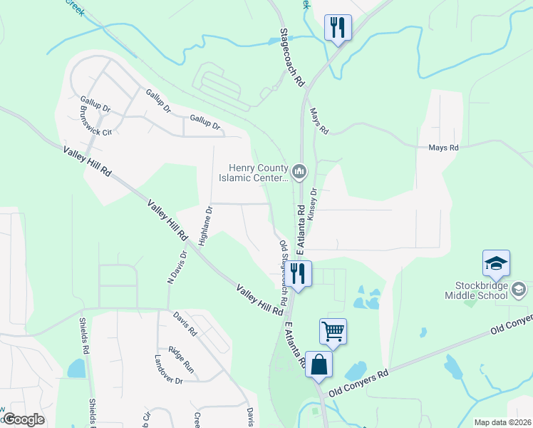 map of restaurants, bars, coffee shops, grocery stores, and more near 80 Stagecoach Circle in Stockbridge