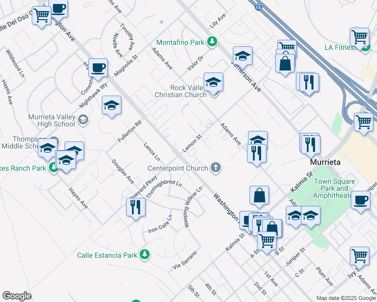 map of restaurants, bars, coffee shops, grocery stores, and more near 41985 Emelia Street in Murrieta