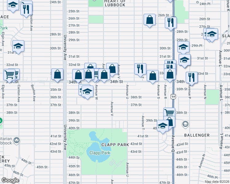 map of restaurants, bars, coffee shops, grocery stores, and more near 2118 35th Street in Lubbock
