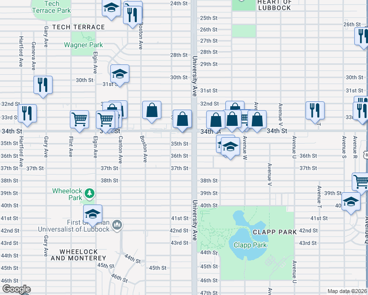 map of restaurants, bars, coffee shops, grocery stores, and more near 2506 35th Street in Lubbock