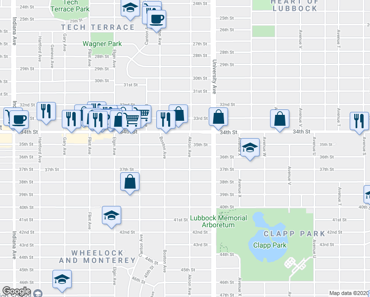 map of restaurants, bars, coffee shops, grocery stores, and more near 2520 35th Street in Lubbock