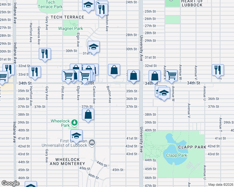 map of restaurants, bars, coffee shops, grocery stores, and more near 2614 35th Street in Lubbock
