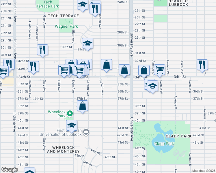 map of restaurants, bars, coffee shops, grocery stores, and more near 2614 35th Street in Lubbock
