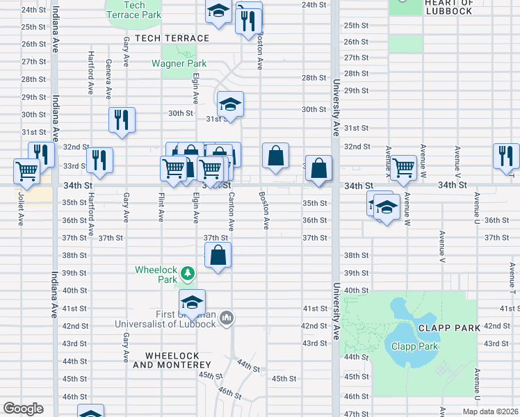 map of restaurants, bars, coffee shops, grocery stores, and more near 2707 35th Street in Lubbock