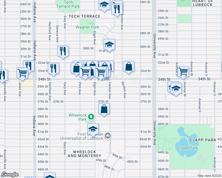 map of restaurants, bars, coffee shops, grocery stores, and more near 2802 35th Street in Lubbock