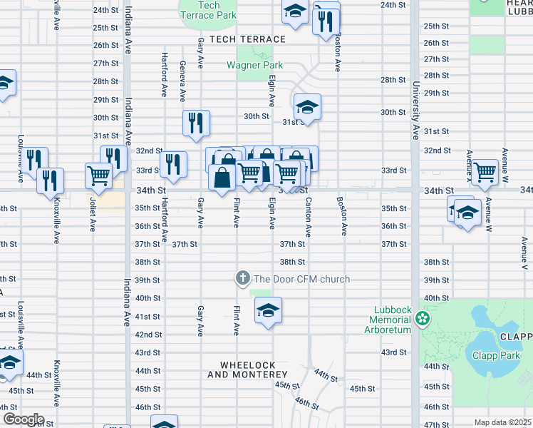 map of restaurants, bars, coffee shops, grocery stores, and more near 3008 35th Street in Lubbock