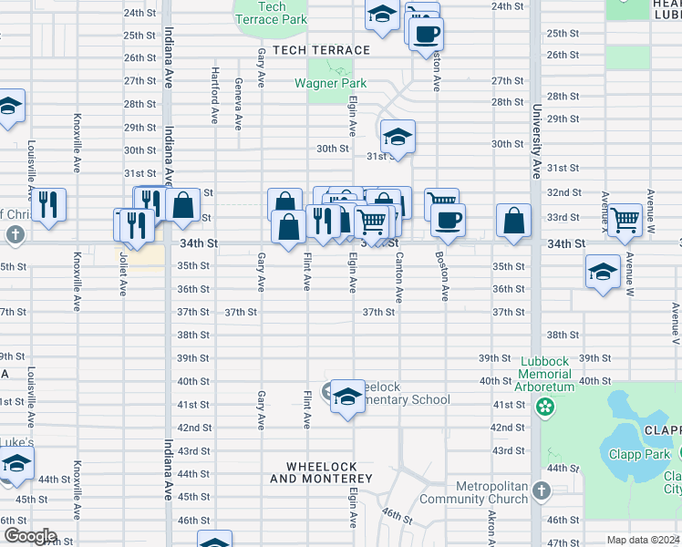 map of restaurants, bars, coffee shops, grocery stores, and more near 3008 35th Street in Lubbock