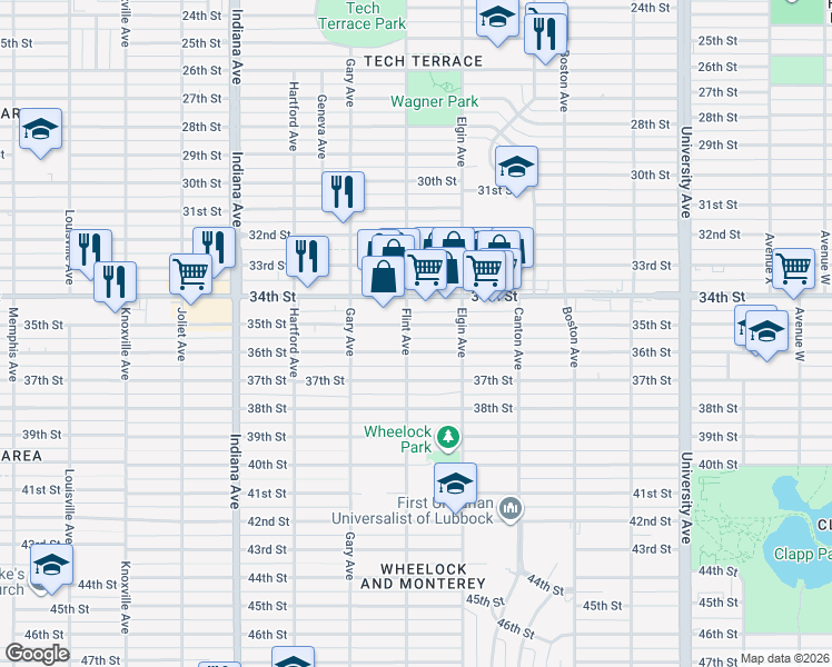 map of restaurants, bars, coffee shops, grocery stores, and more near 3101 34th Street in Lubbock