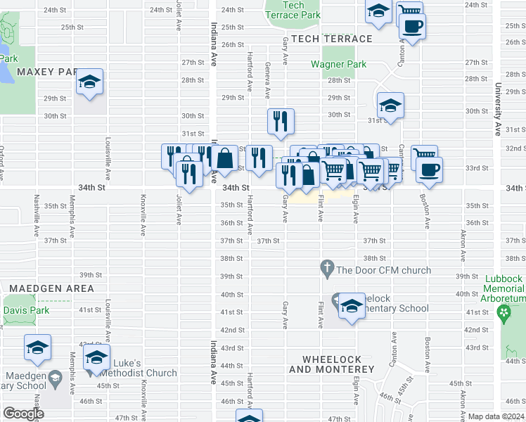 map of restaurants, bars, coffee shops, grocery stores, and more near 3212 35th Street in Lubbock