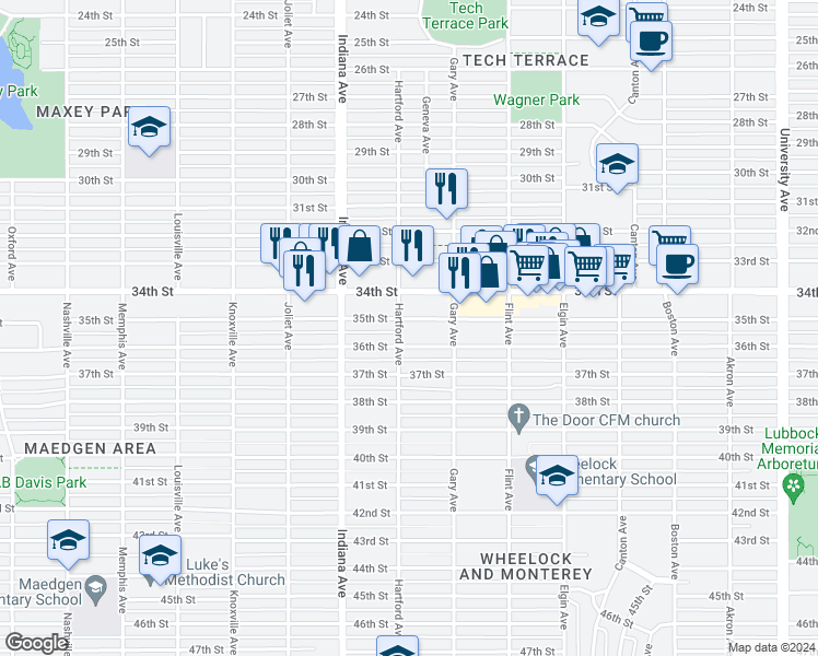 map of restaurants, bars, coffee shops, grocery stores, and more near 3212 35th Street in Lubbock