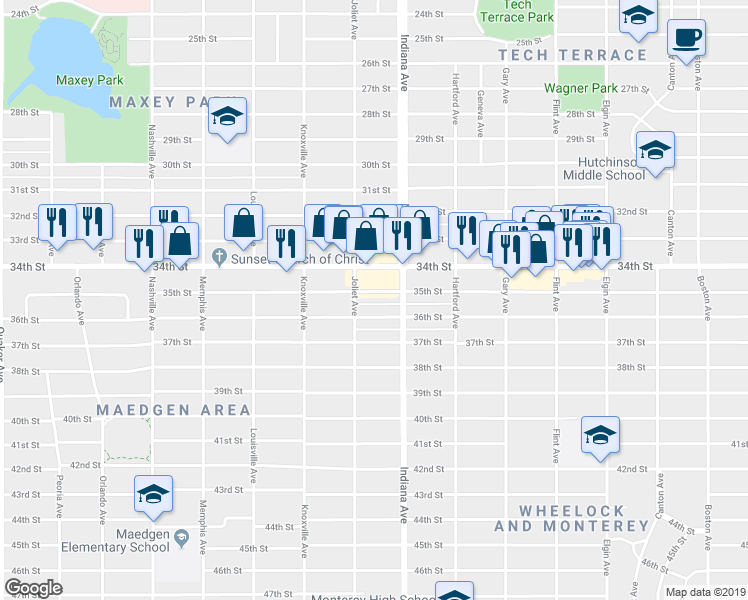 map of restaurants, bars, coffee shops, grocery stores, and more near 3405 34th Street in Lubbock