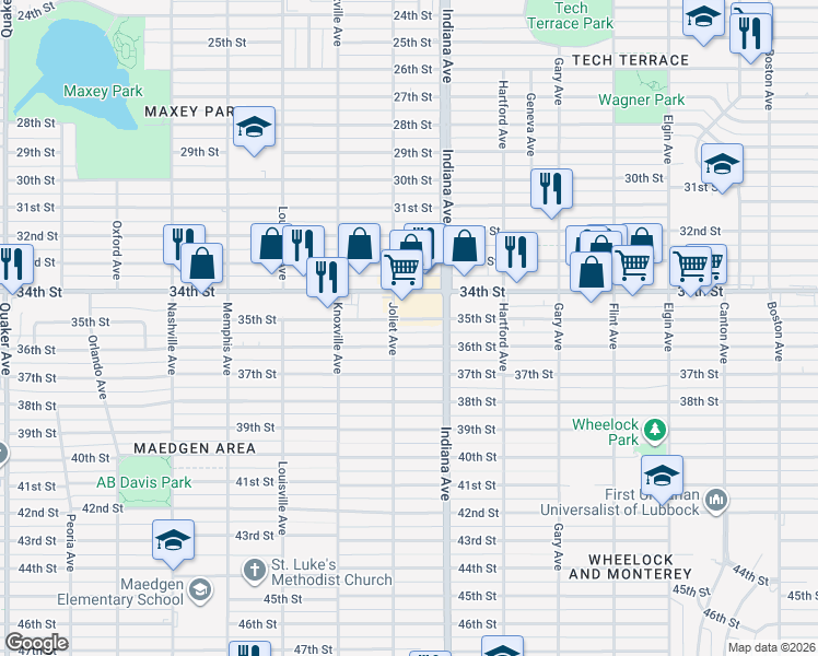 map of restaurants, bars, coffee shops, grocery stores, and more near 3405 34th Street in Lubbock
