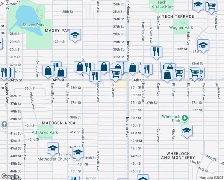 map of restaurants, bars, coffee shops, grocery stores, and more near 3414 Joliet Avenue in Lubbock