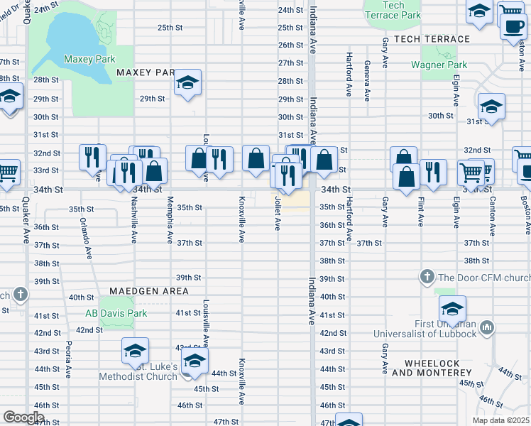 map of restaurants, bars, coffee shops, grocery stores, and more near 3414 Joliet Avenue in Lubbock