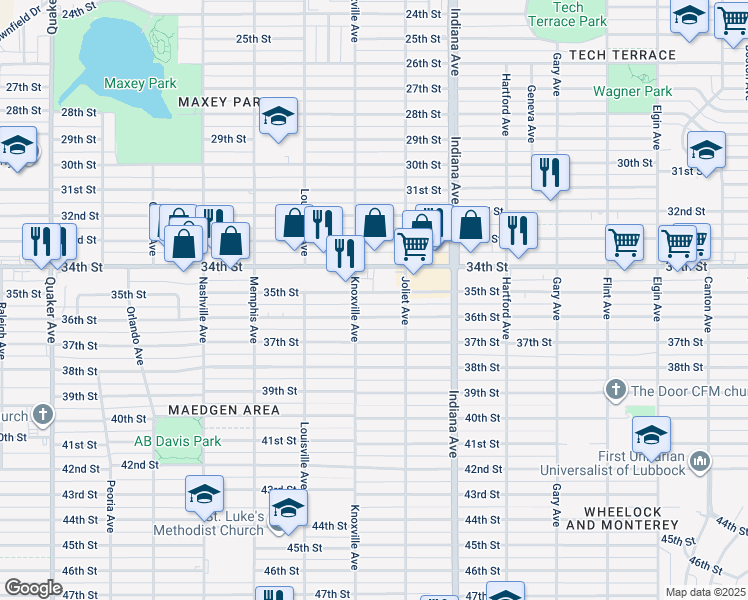 map of restaurants, bars, coffee shops, grocery stores, and more near 3411 Knoxville Avenue in Lubbock
