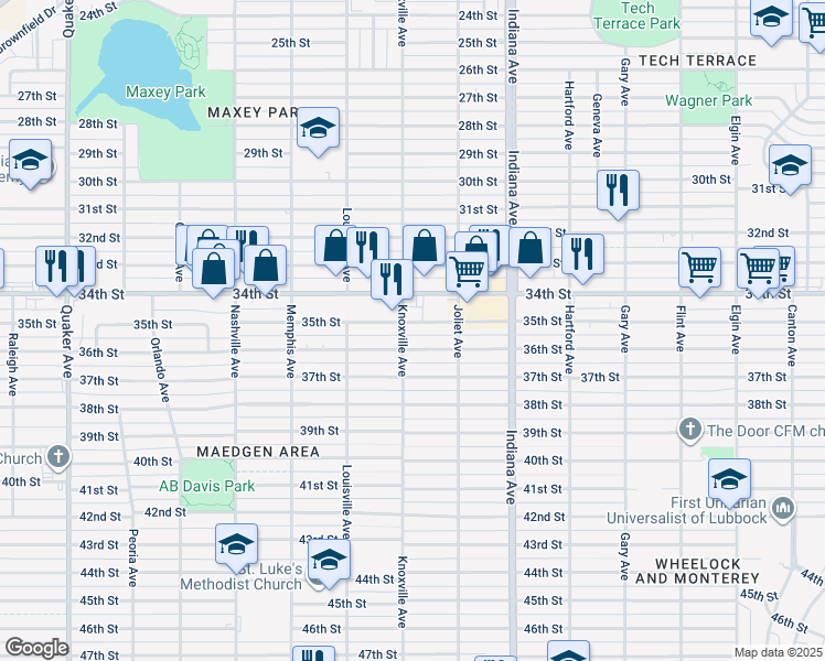 map of restaurants, bars, coffee shops, grocery stores, and more near 3411 Knoxville Avenue in Lubbock