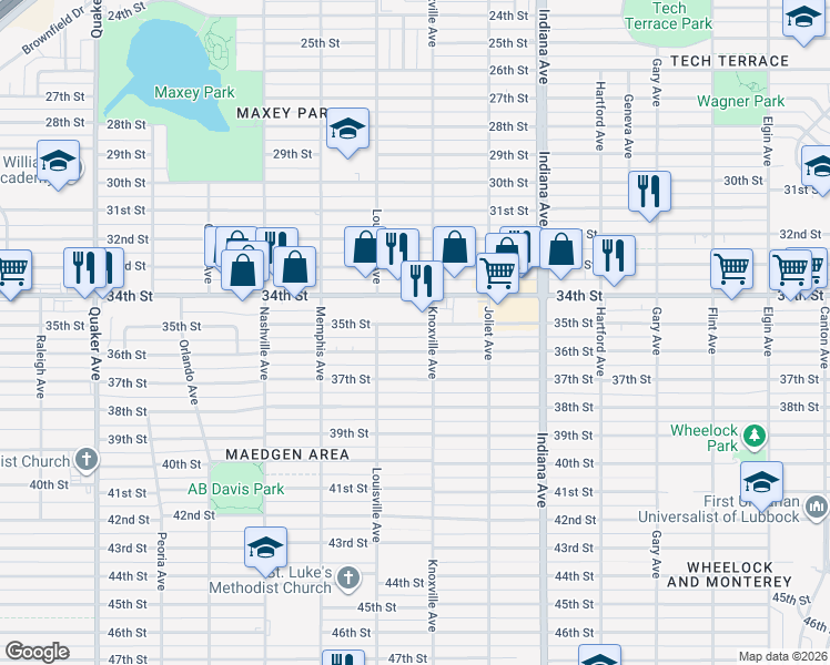 map of restaurants, bars, coffee shops, grocery stores, and more near 3631 34th Street in Lubbock
