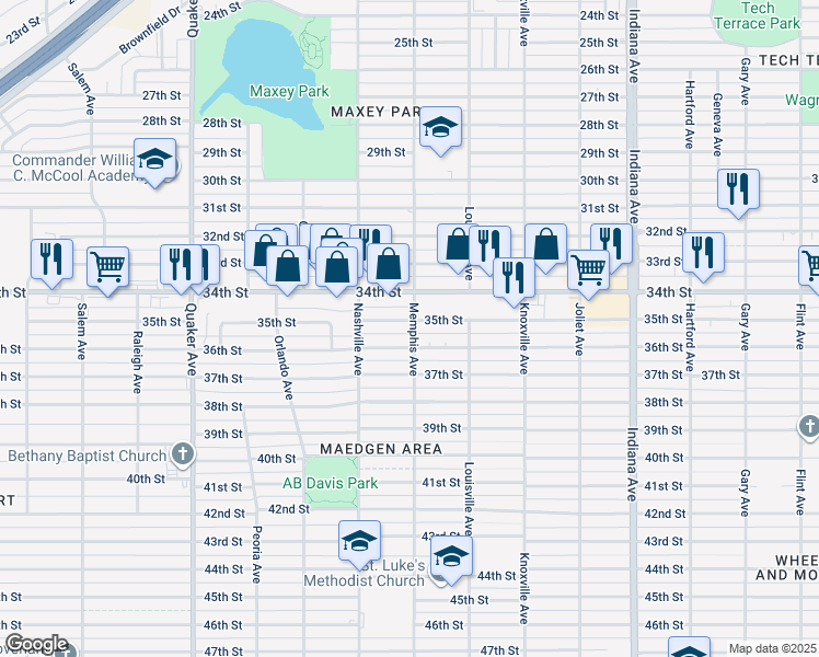 map of restaurants, bars, coffee shops, grocery stores, and more near 3802 35th Street in Lubbock