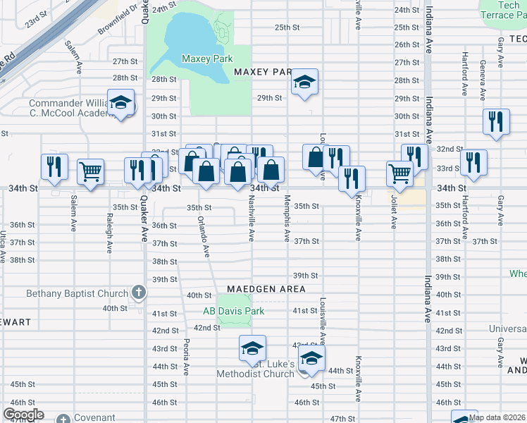 map of restaurants, bars, coffee shops, grocery stores, and more near 3814 35th Street in Lubbock