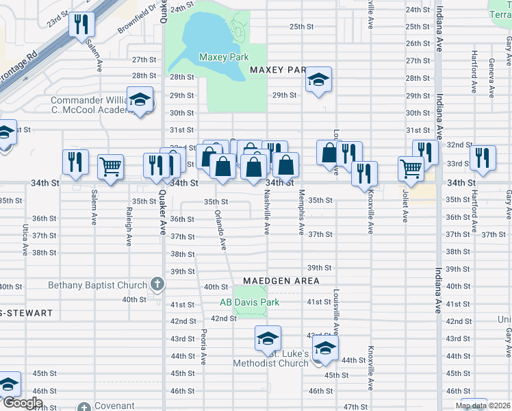 map of restaurants, bars, coffee shops, grocery stores, and more near 4102 35th Street in Lubbock