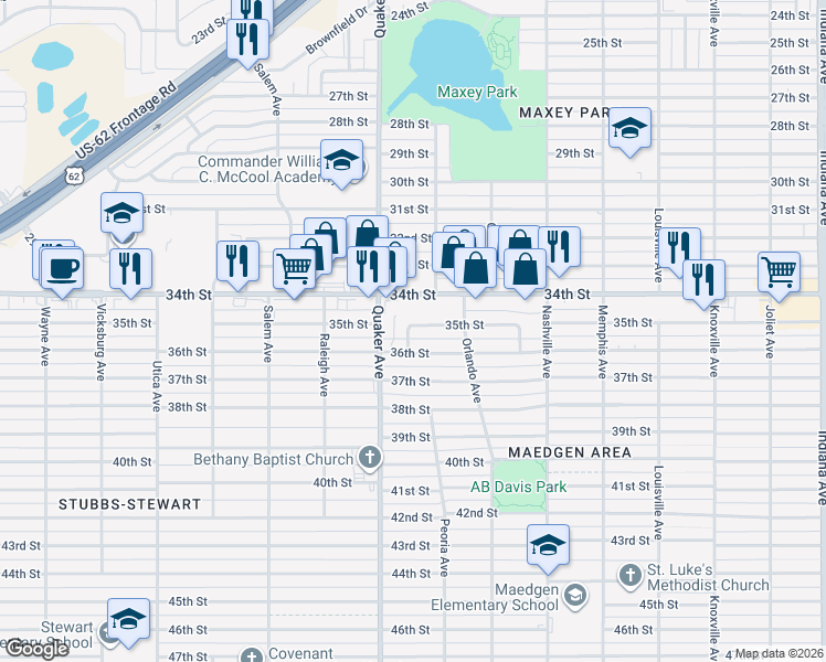 map of restaurants, bars, coffee shops, grocery stores, and more near 4243 34th Street in Lubbock