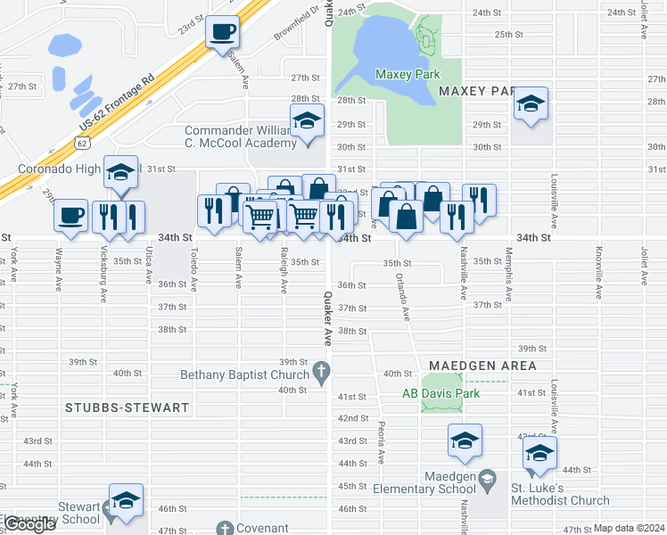 map of restaurants, bars, coffee shops, grocery stores, and more near 4406 35th Street in Lubbock