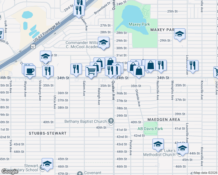 map of restaurants, bars, coffee shops, grocery stores, and more near 4406 35th Street in Lubbock