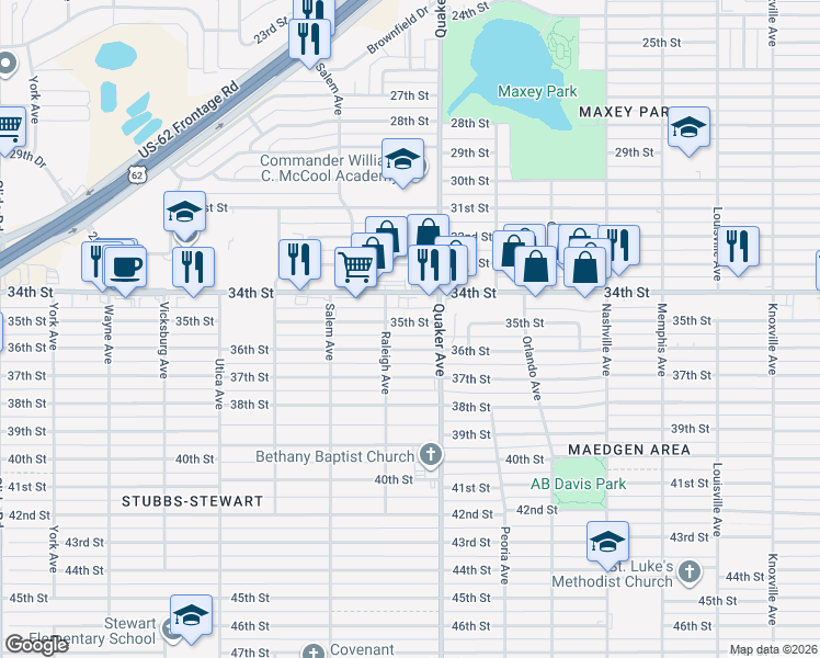 map of restaurants, bars, coffee shops, grocery stores, and more near 4424 35th Street in Lubbock