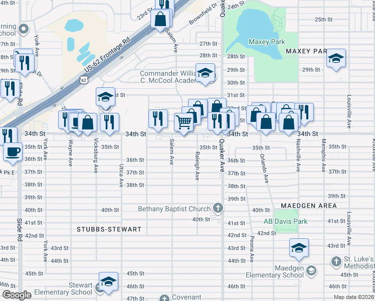 map of restaurants, bars, coffee shops, grocery stores, and more near 4514 35th Street in Lubbock