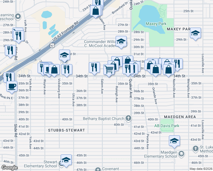 map of restaurants, bars, coffee shops, grocery stores, and more near 4514 35th Street in Lubbock