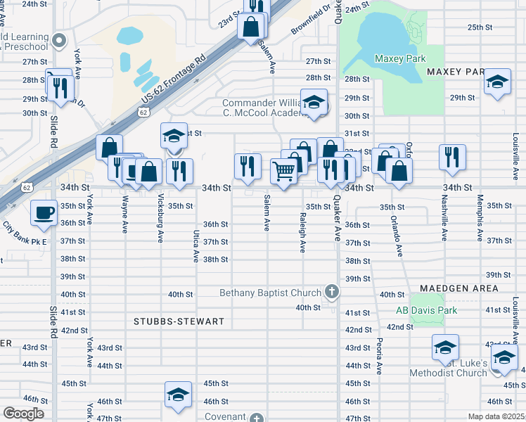 map of restaurants, bars, coffee shops, grocery stores, and more near 4608 35th Street in Lubbock