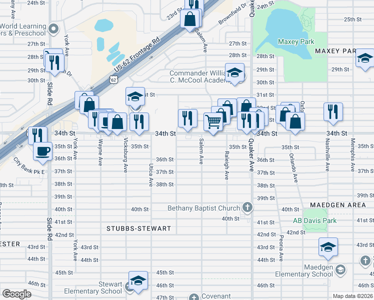 map of restaurants, bars, coffee shops, grocery stores, and more near 4608 35th Street in Lubbock