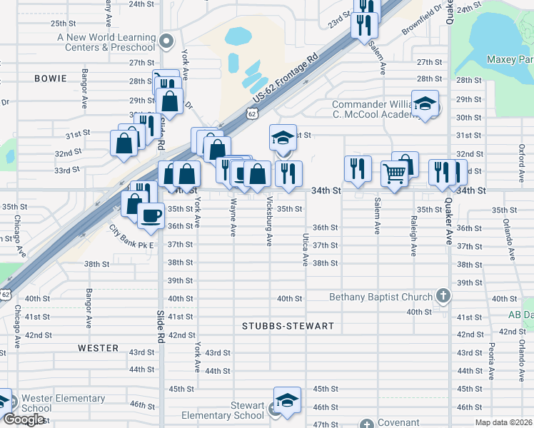 map of restaurants, bars, coffee shops, grocery stores, and more near 4902 35th Street in Lubbock