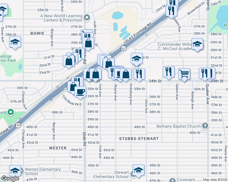 map of restaurants, bars, coffee shops, grocery stores, and more near 5010 35th Street in Lubbock